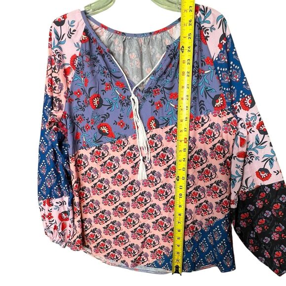 Patchwork Boho Blouse Women's Sz XL Floral Hippie Navy Multi Peasant Fall Colors - Picture 5 of 11